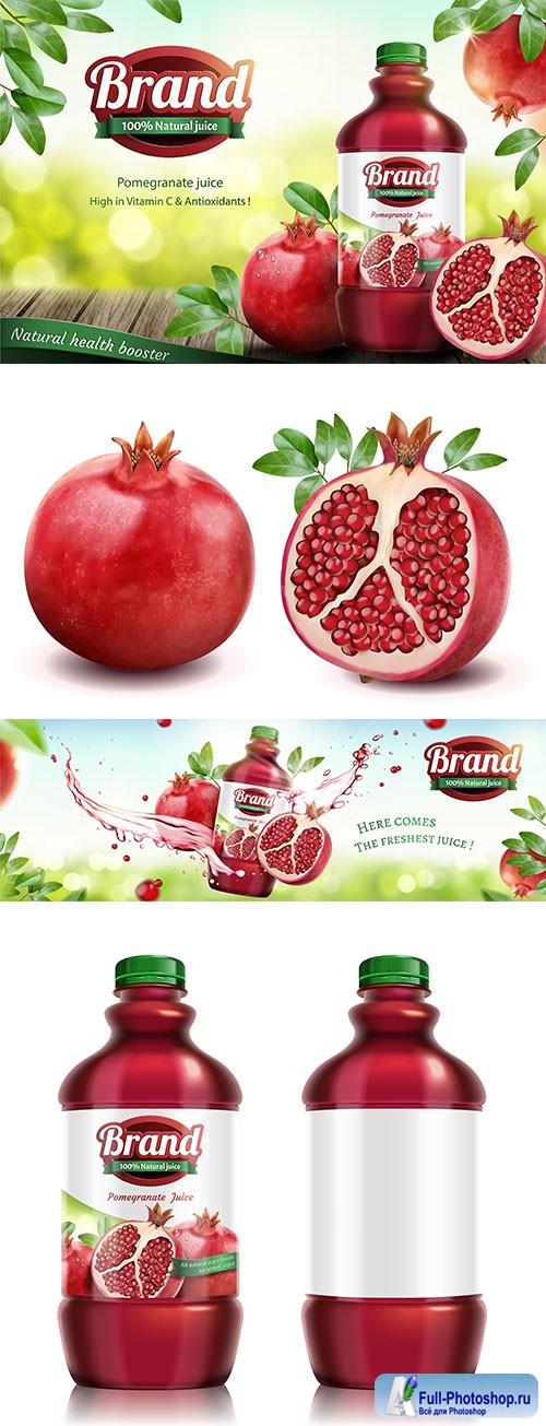Pomegranates bottled juice ads in 3d vector illustration