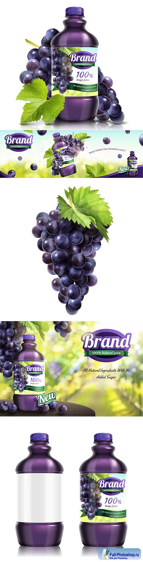 Grape bottled juice on wooden table in 3d vector illustration