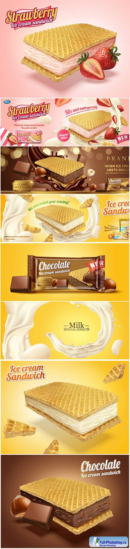 Milk flavoured ice cream sandwich with wafer cookies in 3d illustration