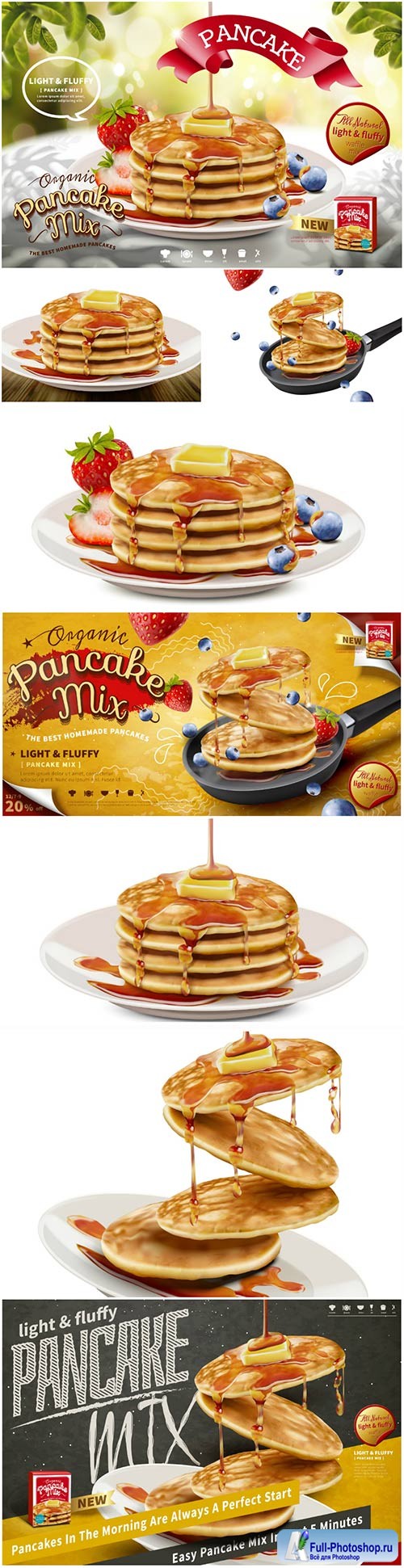 Delicious fluffy pancake ads in 3d vector illustration