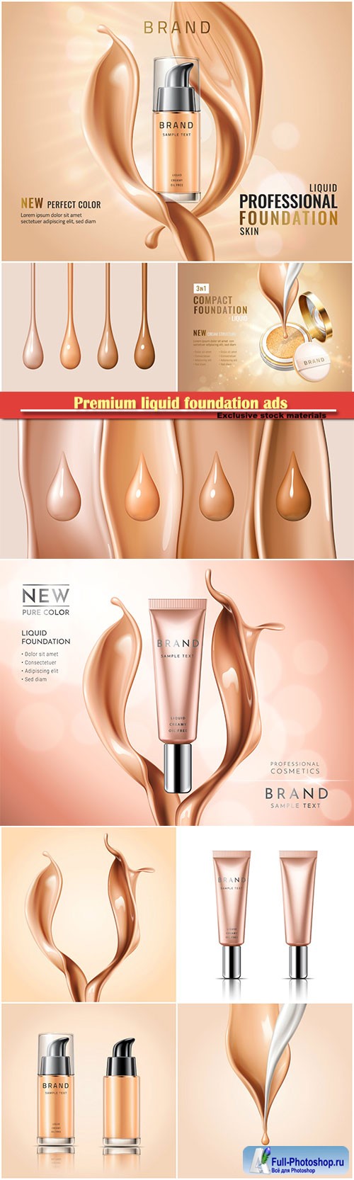 Premium liquid foundation ads, cosmetic tube, elegant splash of tonal fluid, vector 3d illustration