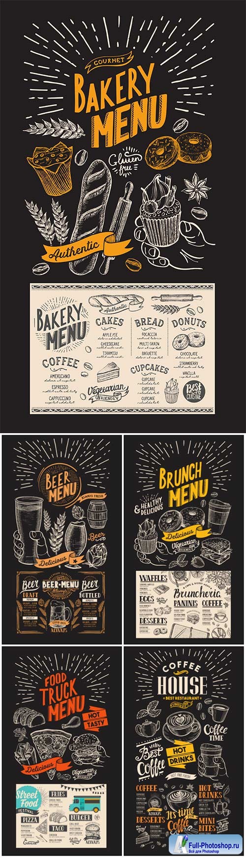 Vector food restaurant menu, design template with vintage hand-drawn flyer for bar and cafe