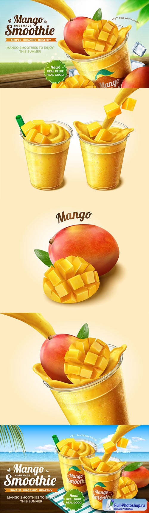 Summer mango smoothie ads, vector 3d illustration