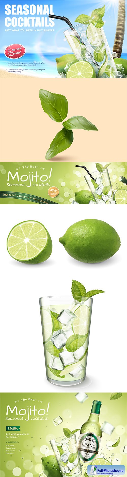 Seasonal cocktail mojito drinks, vector 3d illustration