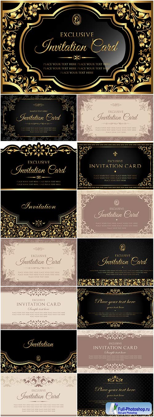 Invitation luxury vector card design, black and gold vintage style