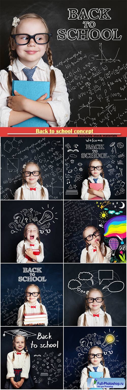 Back to school concept, little girl on chalk board background
