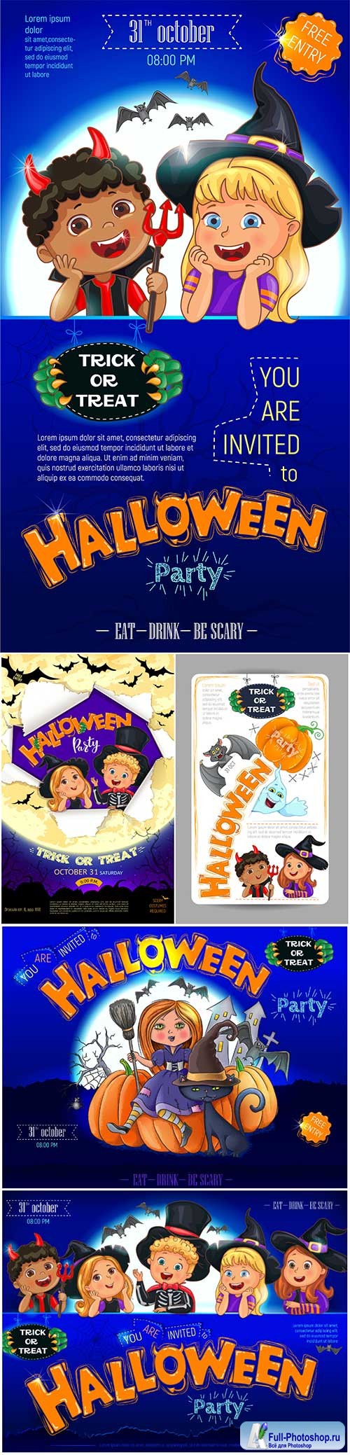 Halloween party design with cute kids invitation flyer