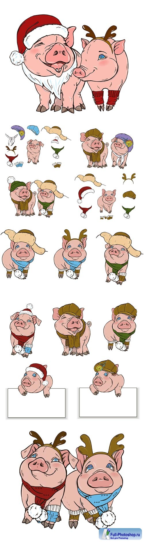 Pigs in Christmas costumes, vector illustration