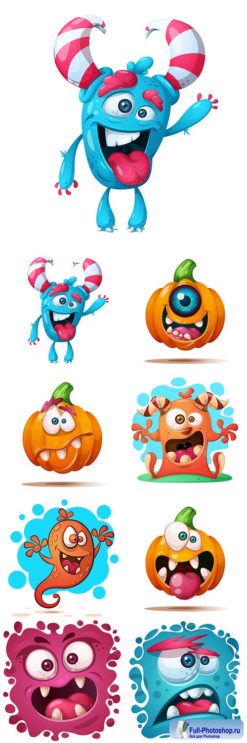 Cute crazy pumpkin and monster characters, Halloween vector illustration
