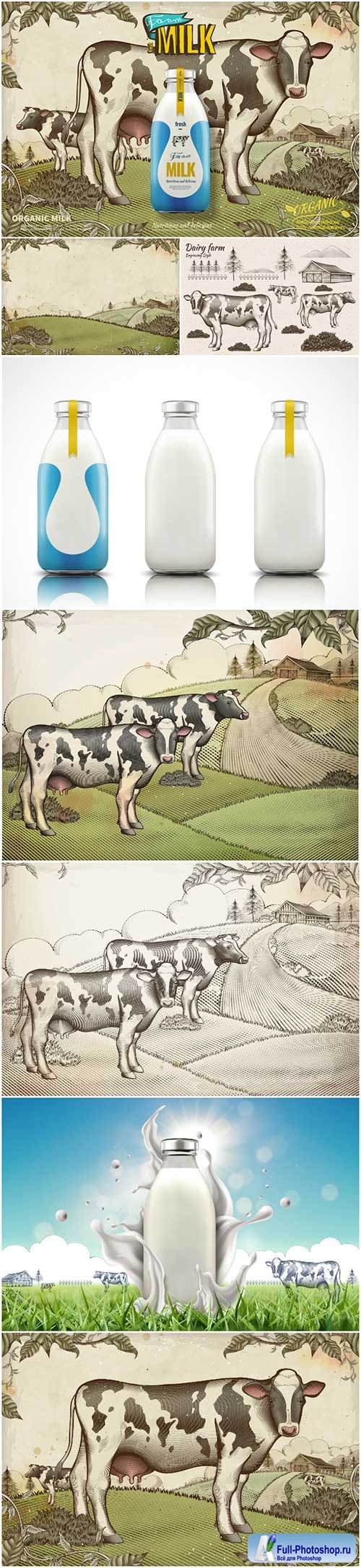 Farm fresh milk in 3d illustration on retro engraved farmland and dairy cattle background