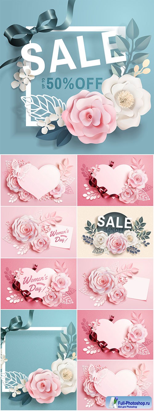 Romantic floral paper art frame vector illustration