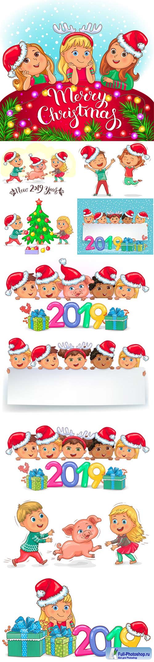 Cute kids and little piggy new year 2019