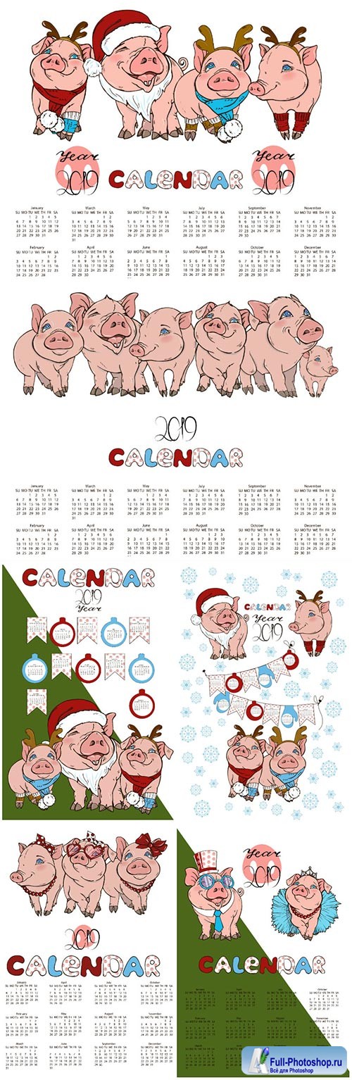Calendar 2019 with pigs vector illustration