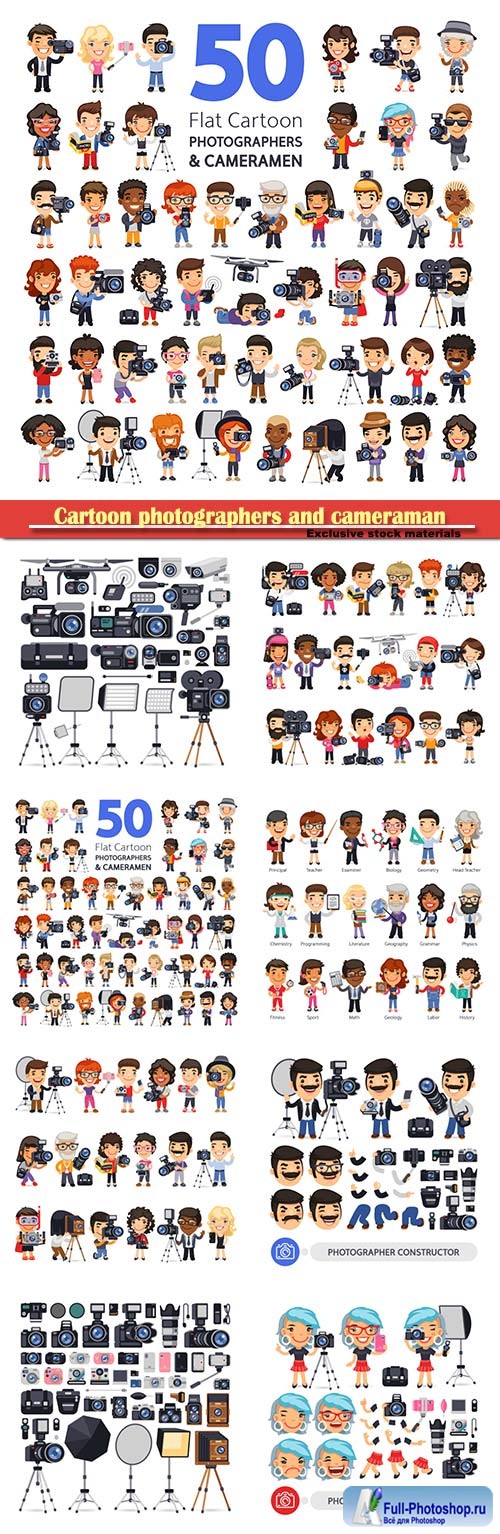 artoon characters of photographers and cameraman in various poses with cameras, camcorders and equipment