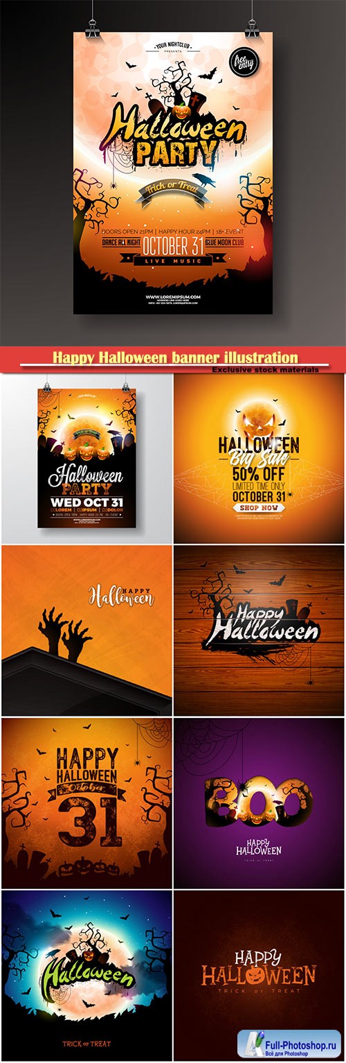 Happy Halloween banner illustration with moon, flying bats and pumpkin, vector holiday design template