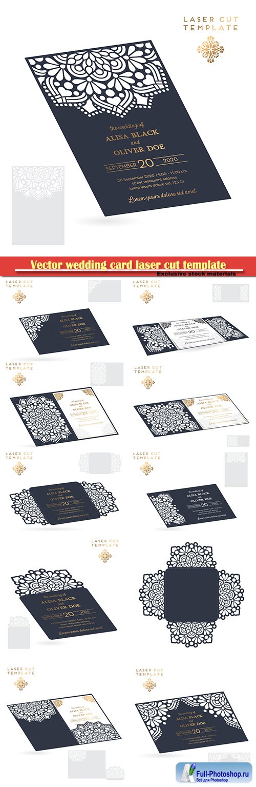 Vector wedding card laser cut template, decorative elements hand drawn background