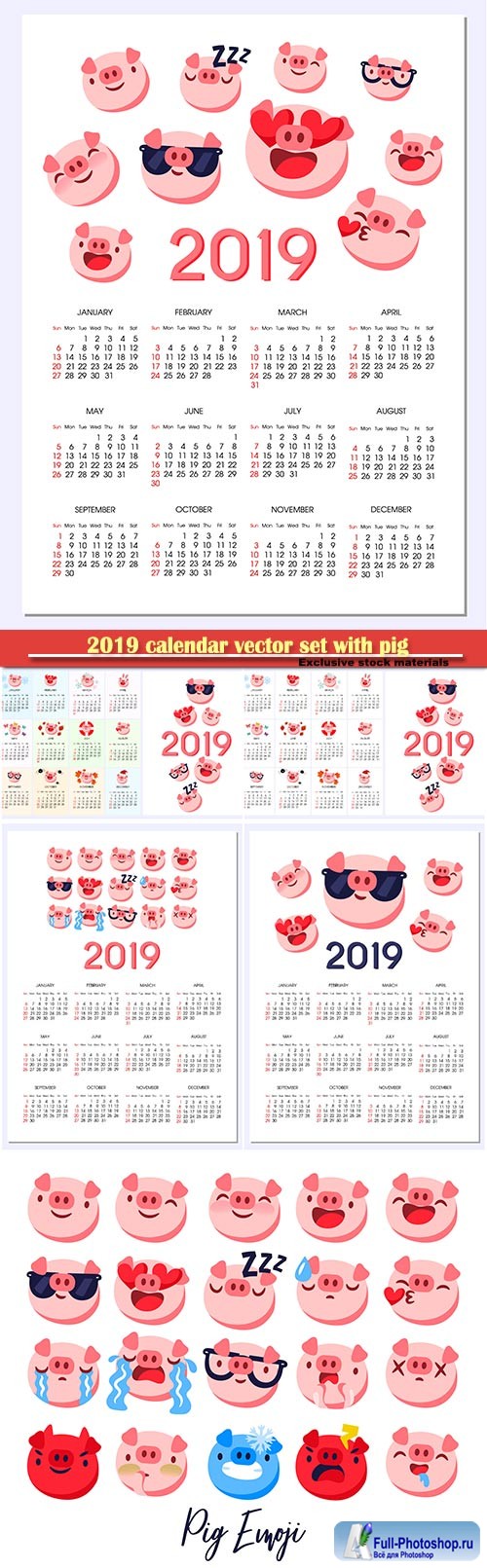 2019 calendar vector set with pig