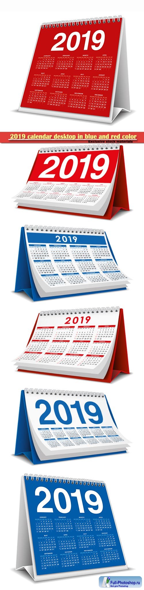 2019 calendar desktop in blue and red color
