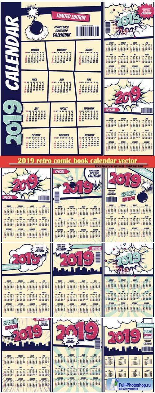 2019 retro comic book calendar vector illustration