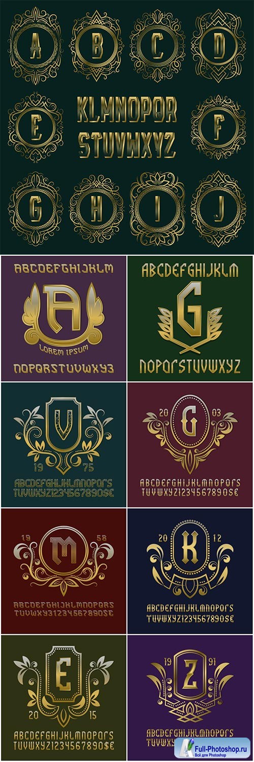 Set of golden vector monograms, luxurious alphabet and logo design elements