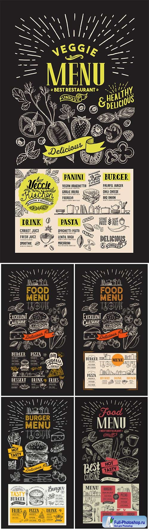 Food flyer menu for restaurant, vintage hand-drawn vector illustrations