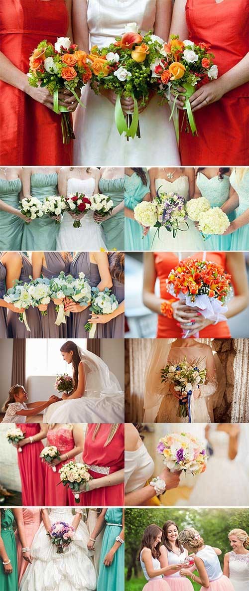 Bride with bridesmaids holding wedding bouquets 29xJPG