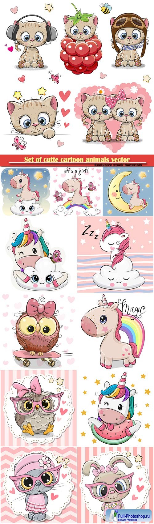 Set of cutte cartoon animals vector illustration