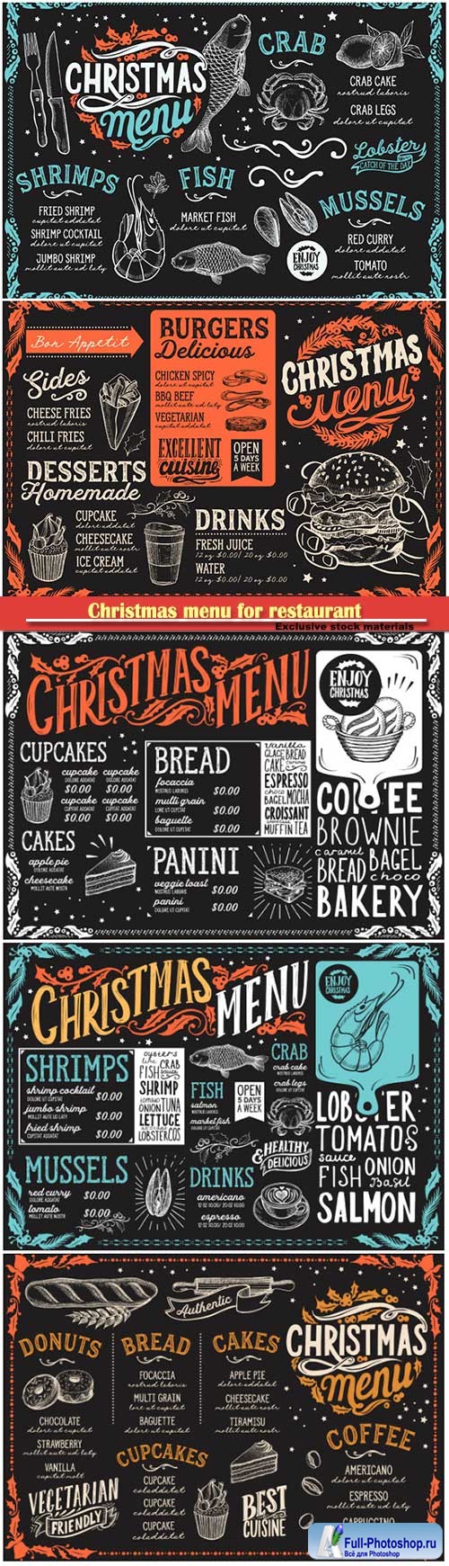 Christmas menu for restaurant, vector food template