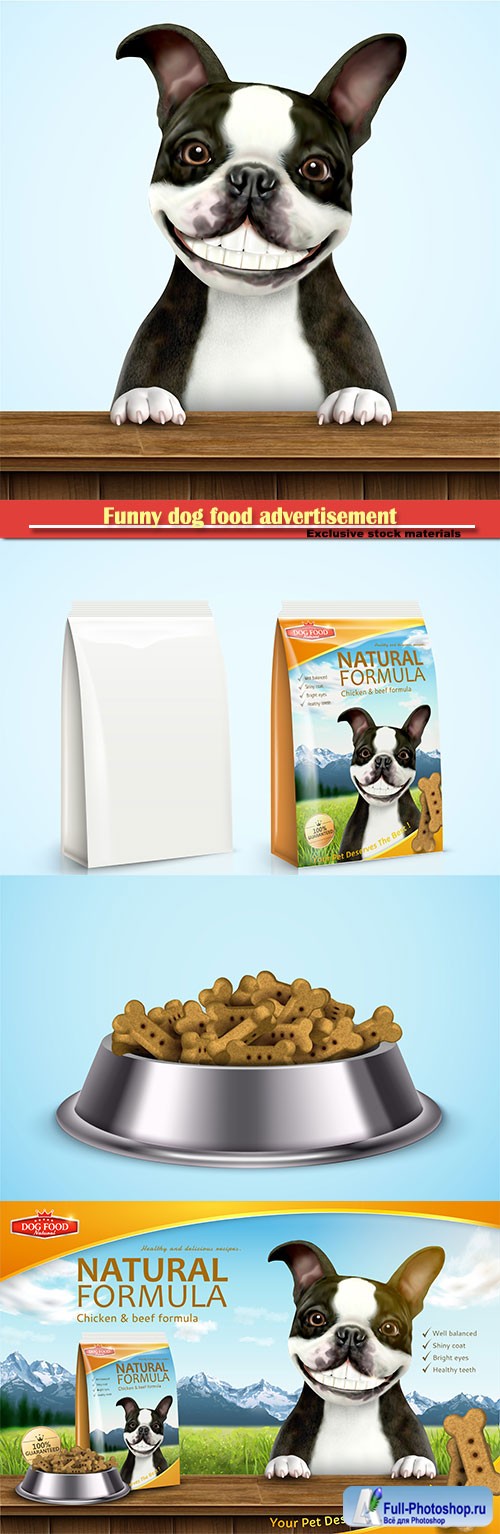 Funny dog food advertisement in 3d vector illustration