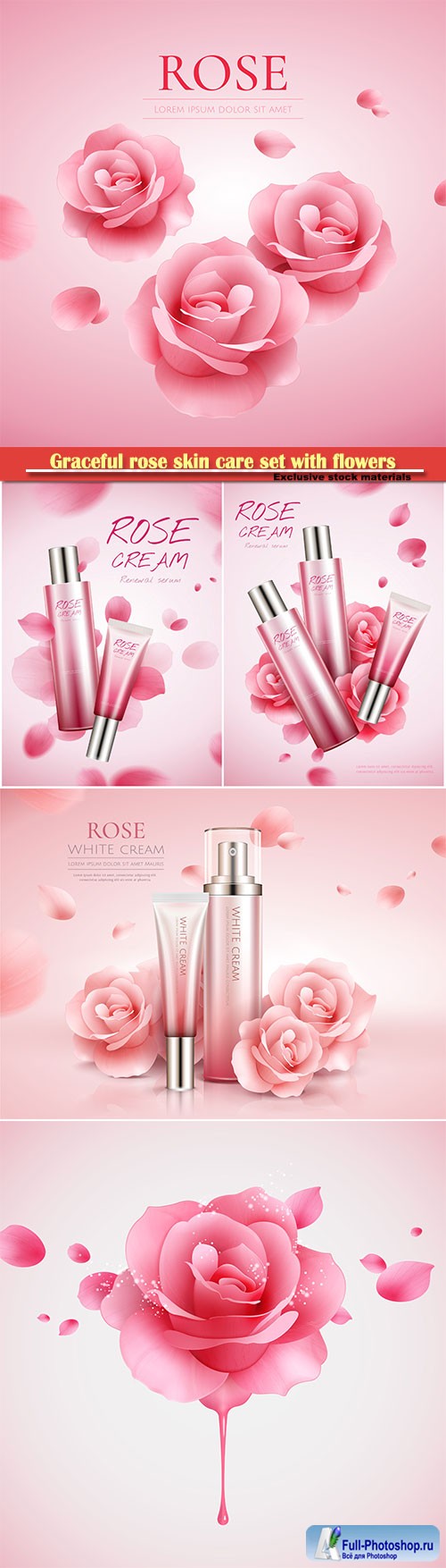 Graceful rose skin care set with flowers and flying petals in 3d illustration