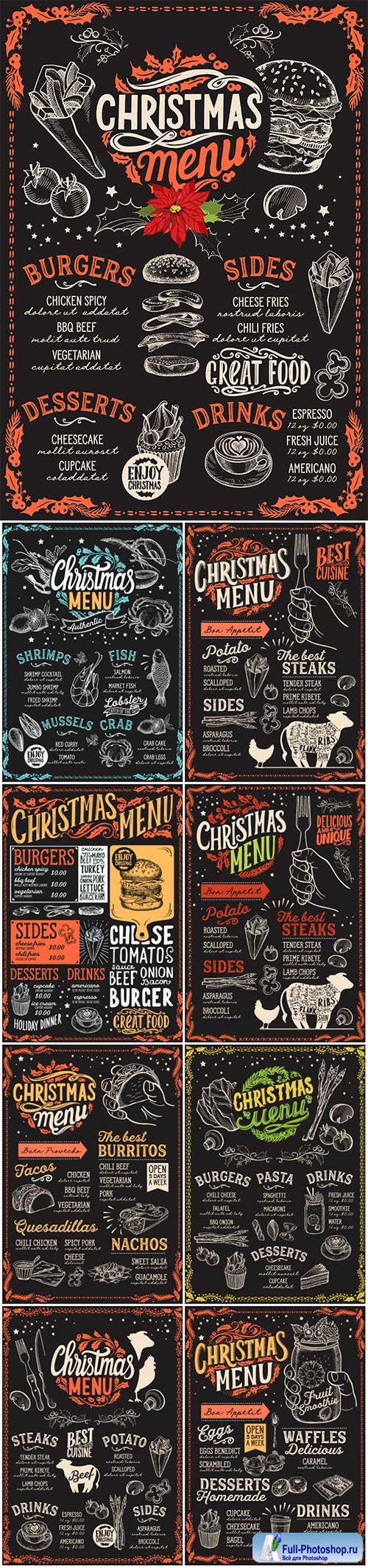 Christmas vector menu for restaurant, food template
