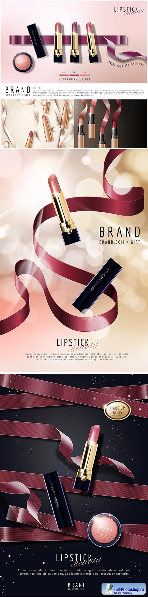 Luxury lipstick ads with ribbons in 3d vector illustration