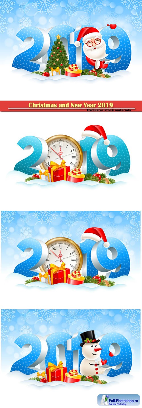 Christmas and New Year 2019 festive design vector illustration, Santa Claus, gifts, spruce branches, christmas toys