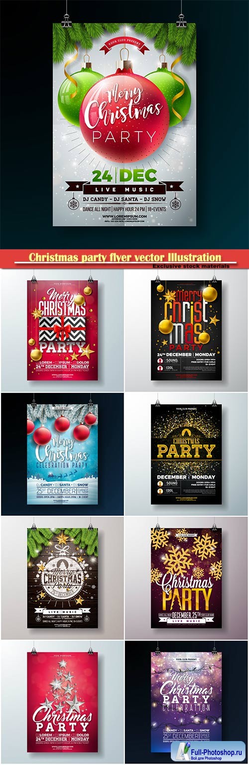 Christmas party flyer vector Illustration, New Year 2019