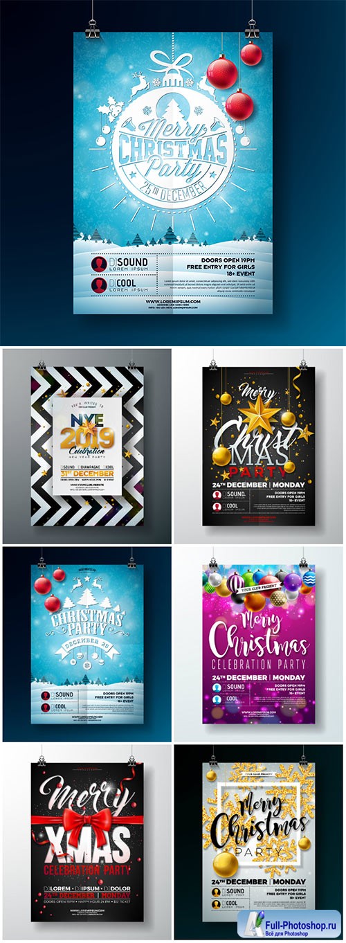 2019 Happy New Year vector illustration with typography lettering, holiday design party flyer