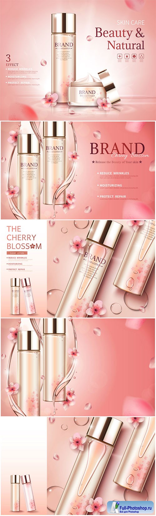 Cherry blossom skin care ads with swirl essence and petals in 3d vector illustration