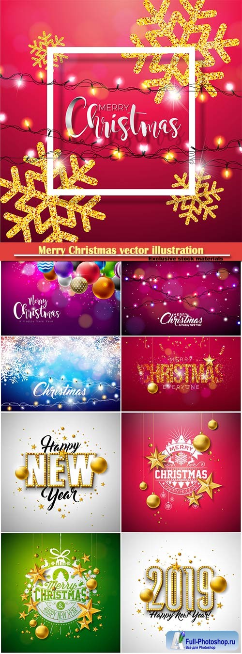 Merry Christmas vector illustration with shiny gold snowflakes