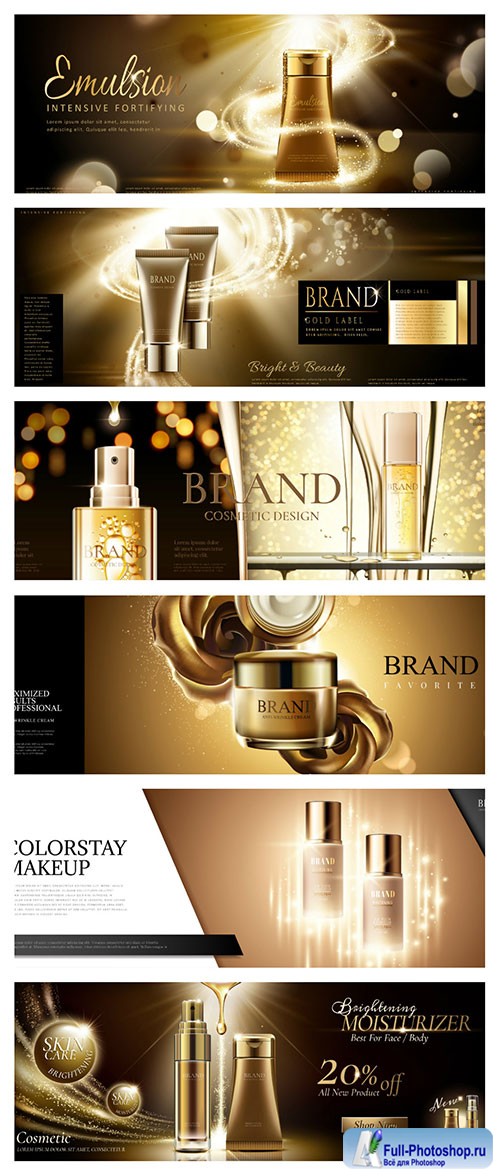 Skincare banner ads in golden color in 3d vector illustration