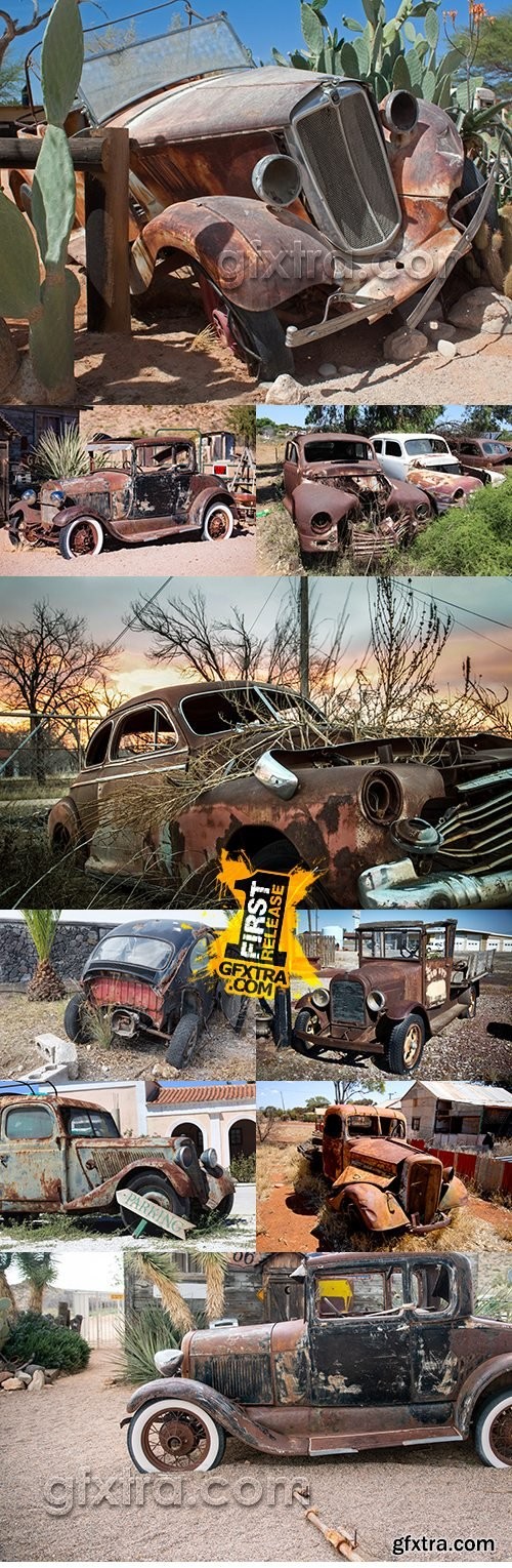 Old Rusty cars and trucks left on a dump