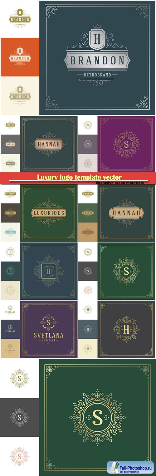 Luxury logo template vector with vintage ornaments for royal crest, boutique brand, hotel sign with flourish frame luxury template