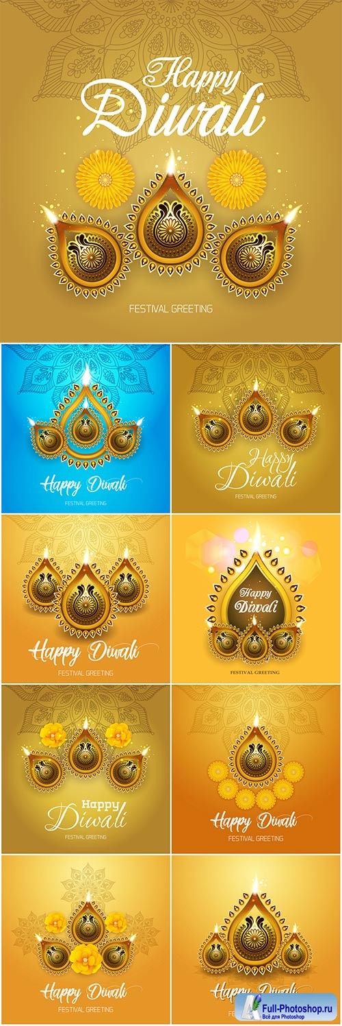 Happy Diwali colorful vector background with oil lamp