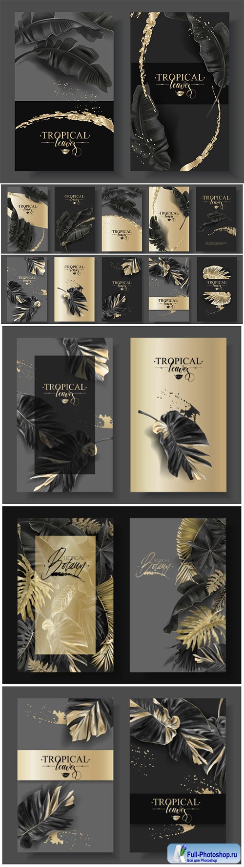 Vector banners with black gold tropical leaves and splashes, luxury exotic botanical design for cosmetics