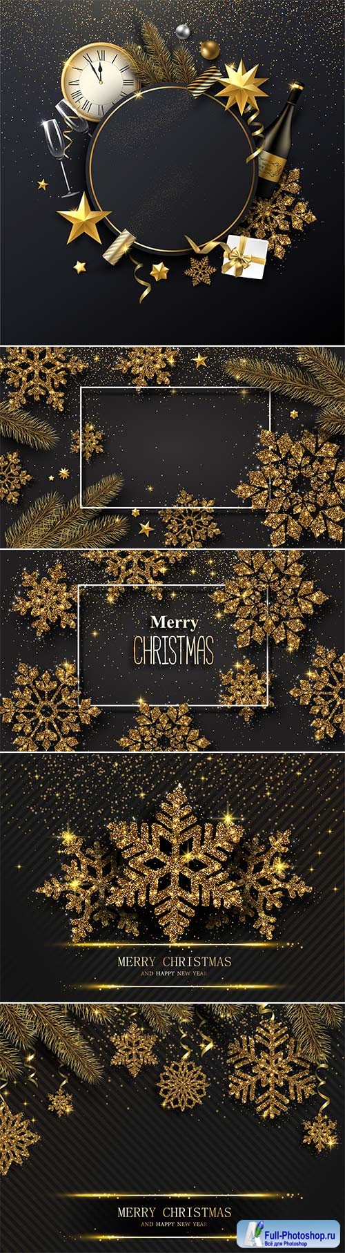 Christmas vector background with golden snowflakes, clock and champagne