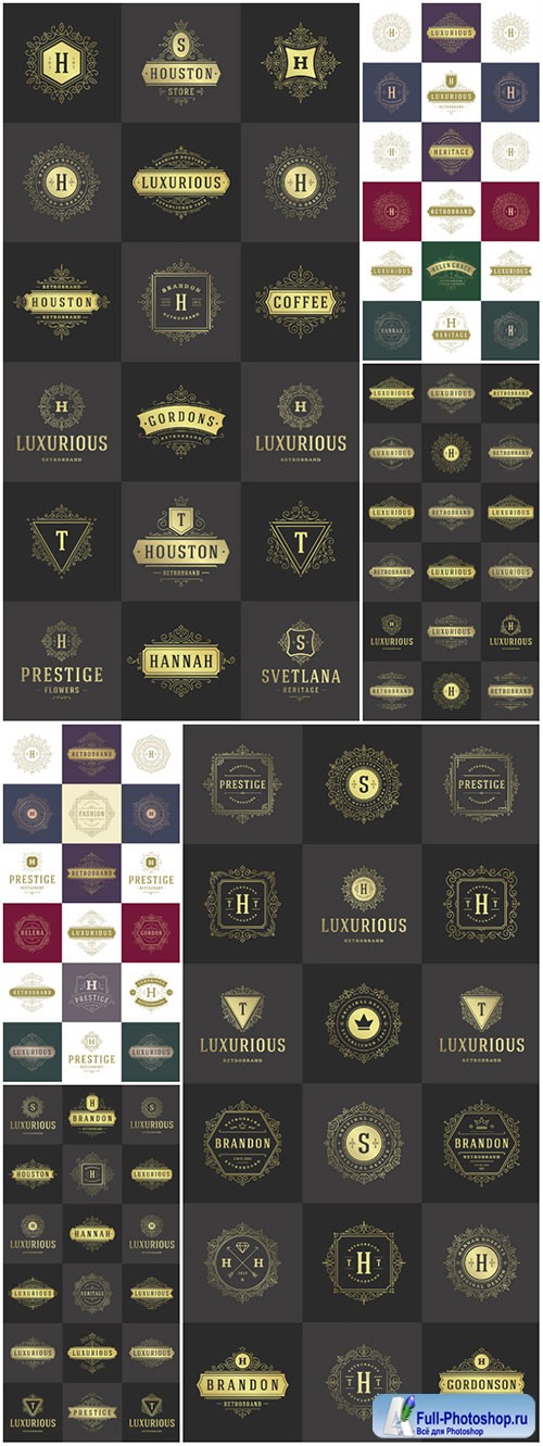 Luxury golden logos in vector, badges and monograms