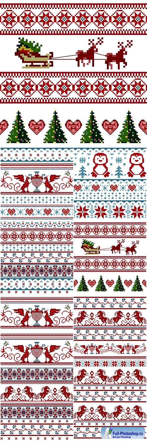 Knitted Christmas seamless pattern ornament with Santa Claus, Christmas tree, deer