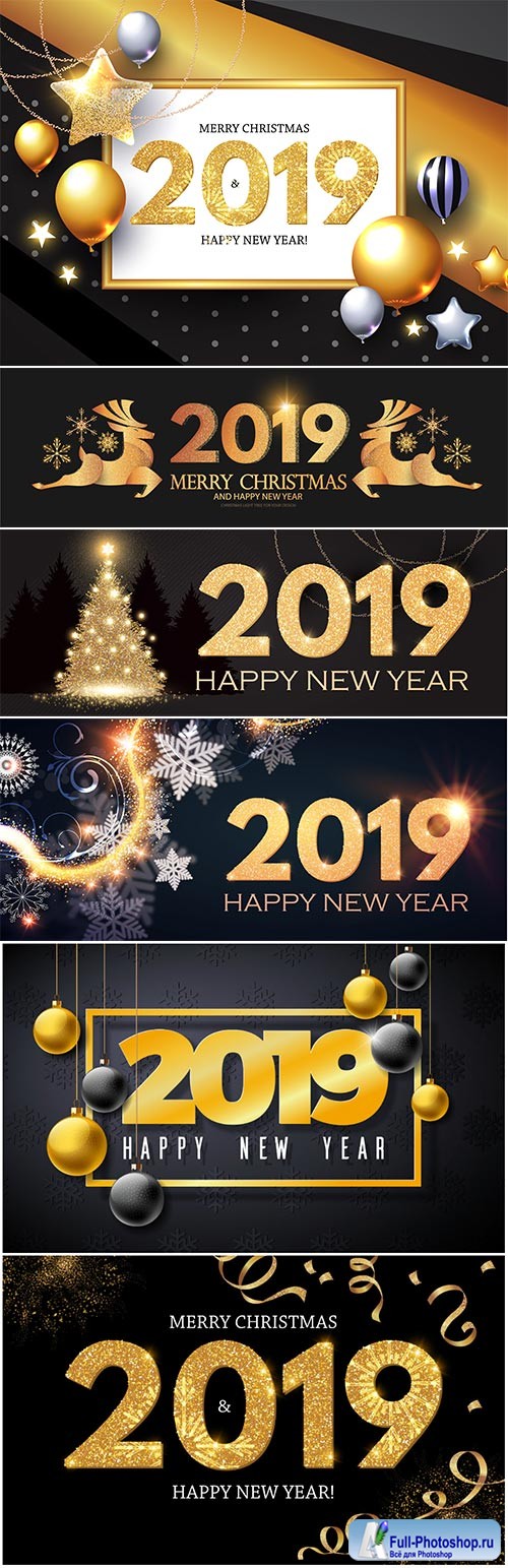 Happy New 2019 Year Vector illustration with gold shining christmas tree