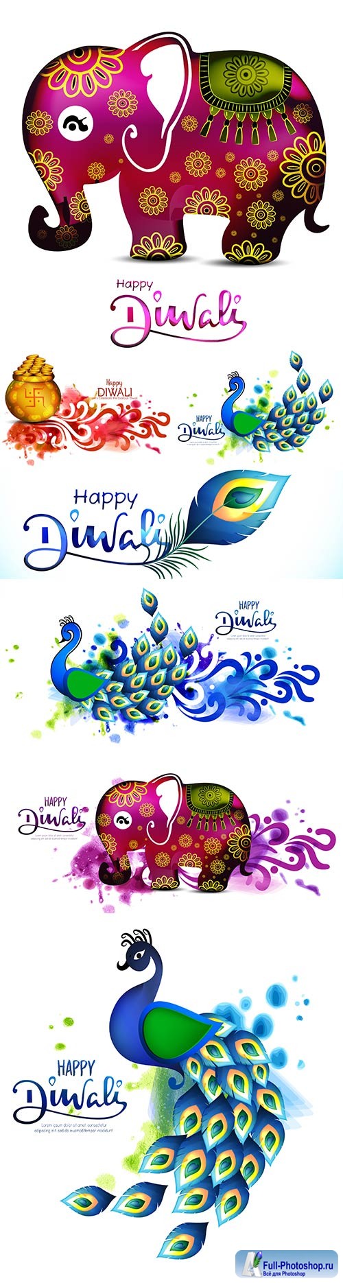 Diwali festival holiday design with peacock with beautiful elephant