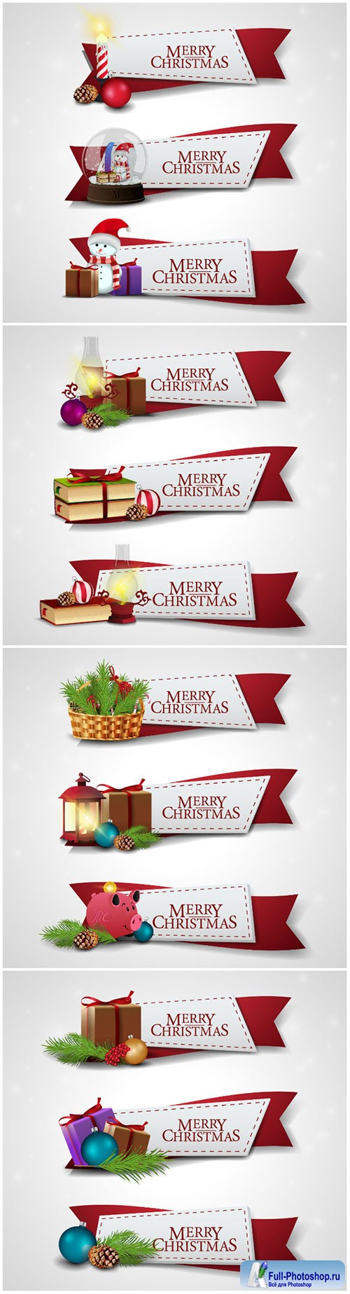 Christmas vector ribbons with cartoon Christmas icons