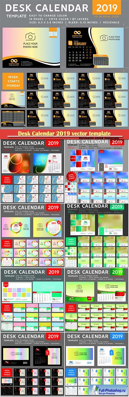 Desk Calendar 2019 vector template, 12 months included # 4