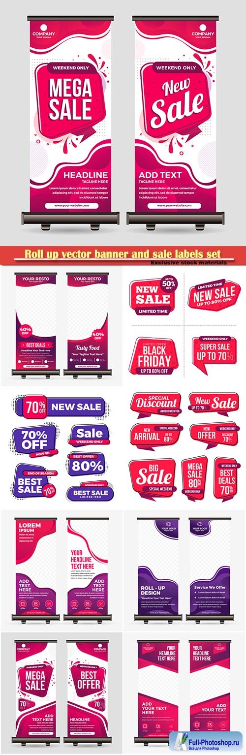 Roll up vector banner and sale labels set collection